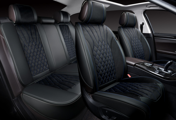 Накидки 3D PSV Galaxy (Черный/Отстрочка синяя), комплект на весь салон, экокожа + велюр