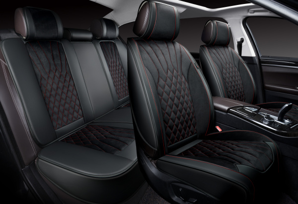 Накидки 3D PSV Galaxy (Черный/Отстрочка красная), комплект на весь салон, экокожа + велюр