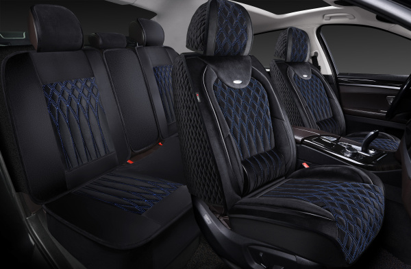 Накидки 5D PSV Galant Velur (Черный/Отстрочка Синяя), комплект на весь салон, велюр