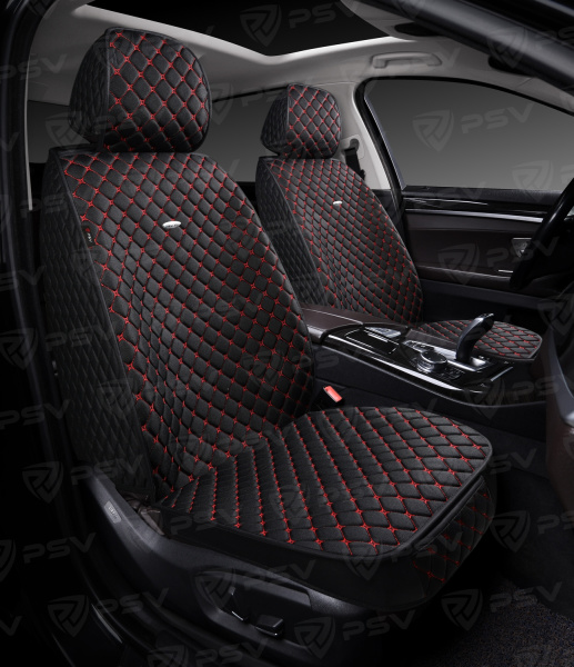 Накидки 5D PSV Len 2 FRONT (Черный/Отстрочка Красная), на передние сиденья, лен