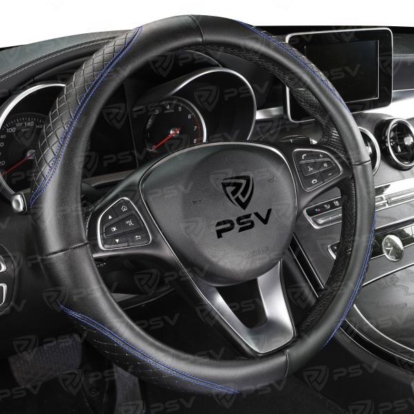 Оплетка на руль PSV CORRECT (Черный/Отстрочка синяя) M, экокожа
