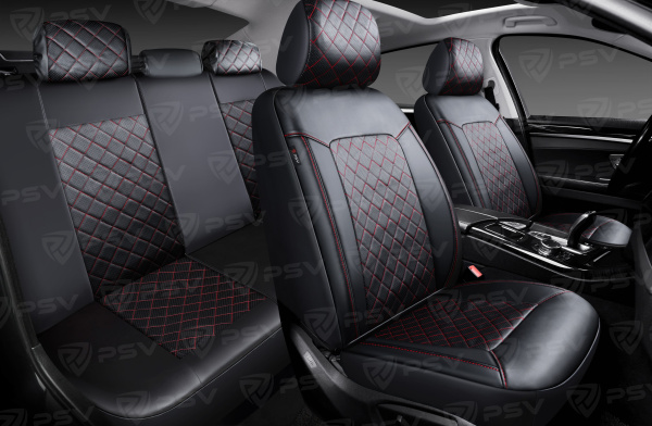 Чехлы PSV Elegant Next (Черный/Ромб красный/отстрочка красная), ромб + экокожа (ХИТ ПРОДАЖ)