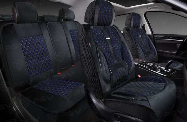 Накидки 5D PSV Korona Velur (Черный/Отстрочка Синяя), комплект на весь салон, велюр