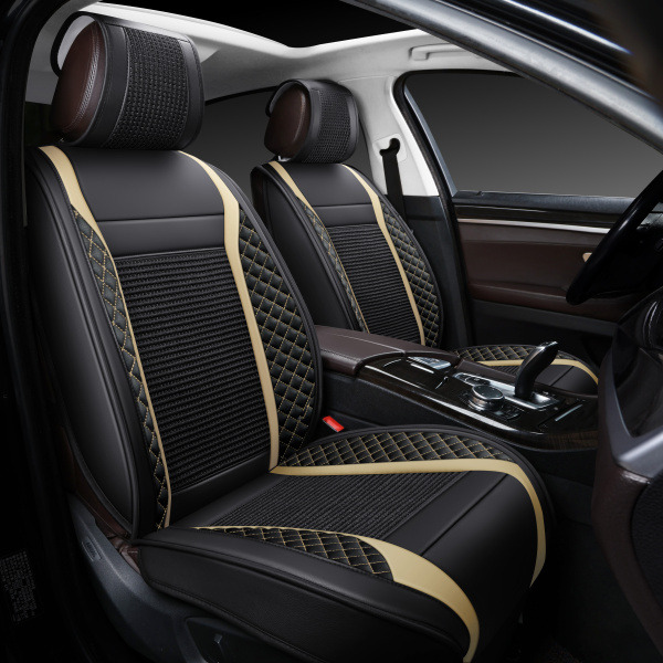 Накидки 3D PSV Expert 2 FRONT (Черно-Бежевый), на передние сиденья, экокожа + льняное плетение