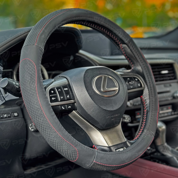 Оплетка на руль кожаная PSV KOMFORT (Черный/Отстрочка красная) M, с перфорацией