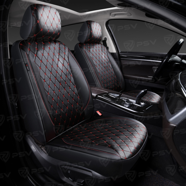 Чехлы PSV Graf Next 2 FRONT (Черный/Ромб красный "Бабочка"/отстрочка красная), ромб + экокожа