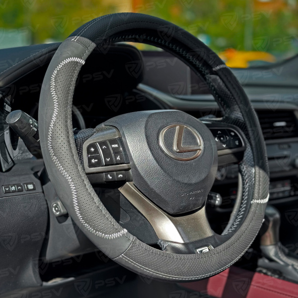 Оплетка на руль кожаная PSV KORONA (Черный/Отстрочка белая) M, с перфорацией