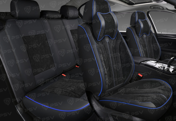 Накидки 5D PSV Grand (Черный/Отстрочка синяя), комплект на весь салон