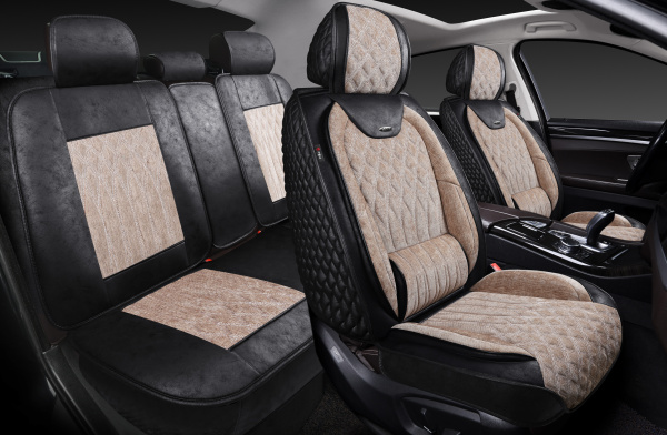 Накидки 5D PSV Galant Velvet Skin Back (Черно-Бежевый/Отстрочка Белая), задний ряд, вельвет + мокрая кожа