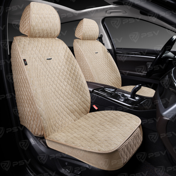 Накидки 5D PSV Velvet 2 FRONT (Бежевый/Отстрочка Белая), на передние сиденья, вельвет