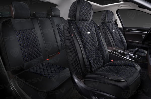 Накидки 5D PSV Favorit Velur (Черный/Отстрочка Синяя), комплект на весь салон, велюр