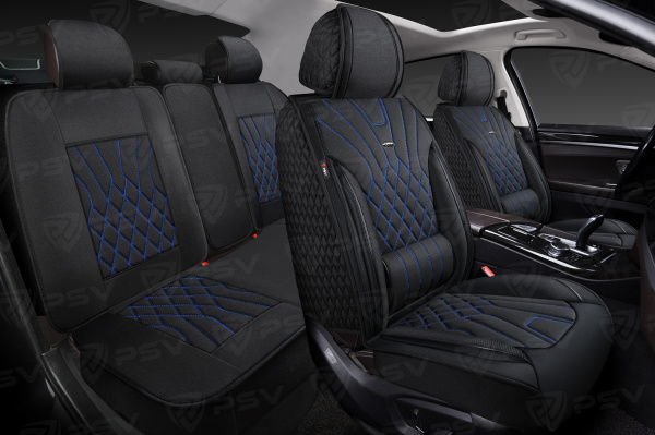 Накидки 5D PSV Matrix Drap (Черный/Отстрочка Синяя), комплект на весь салон, драп