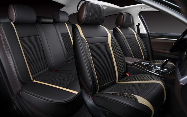 Накидки 3D PSV Expert (Черно-Бежевый), комплект на весь салон, экокожа + льняное плетение