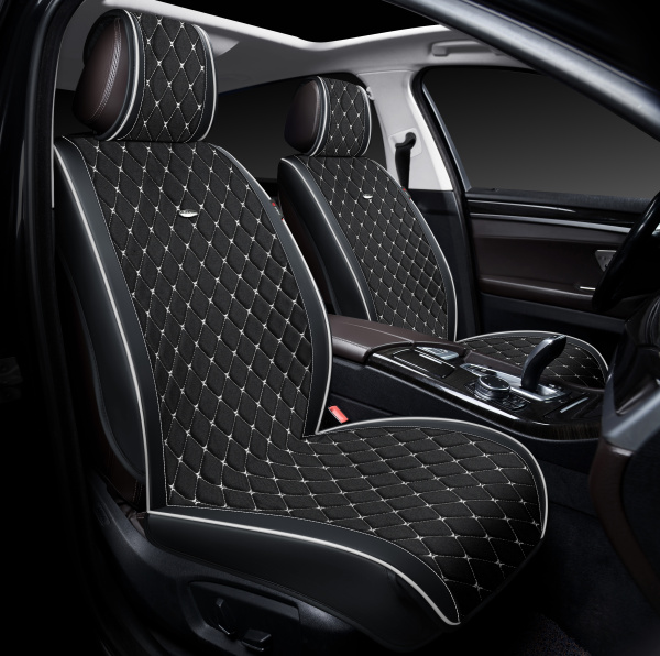 Накидки 3D PSV Baron 2 FRONT (Черный/Отстрочка белая), на передние сиденья, экокожа + лен