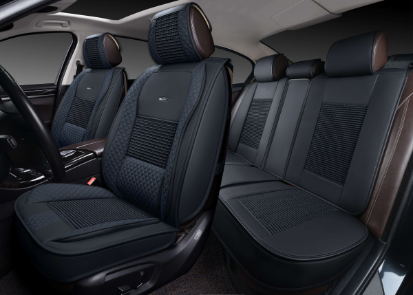 Накидки 3D PSV Lint (Черный/Отстрочка синяя), комплект на весь салон, экокожа + льняное плетение