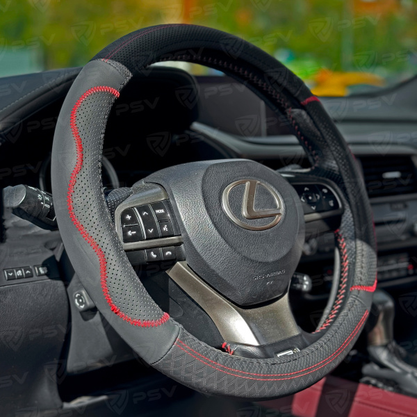 Оплетка на руль кожаная PSV KORONA (Черный/Отстрочка красная) M, с перфорацией