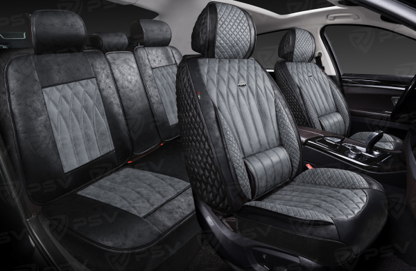 Накидки 5D PSV Titan Skin (Черно-Серый/Отстрочка Серая), комплект на весь салон, мокрая кожа