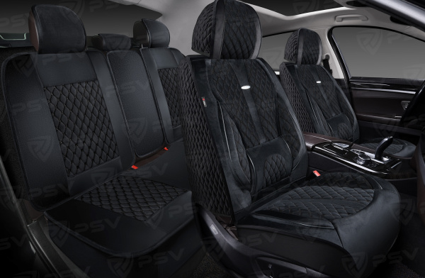 Накидки 5D PSV Korona Velur (Черный/Отстрочка Черная), комплект на весь салон, велюр