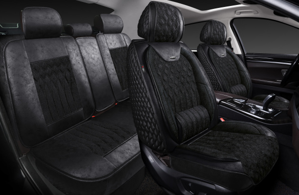 Накидки 5D PSV Galant Velvet Skin (Черный/Отстрочка Черная), комплект на весь салон, вельвет + мокрая кожа