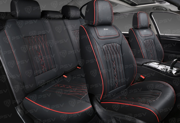 Накидки 5D PSV Exclusive (Черный/Отстрочка красная), комплект на весь салон