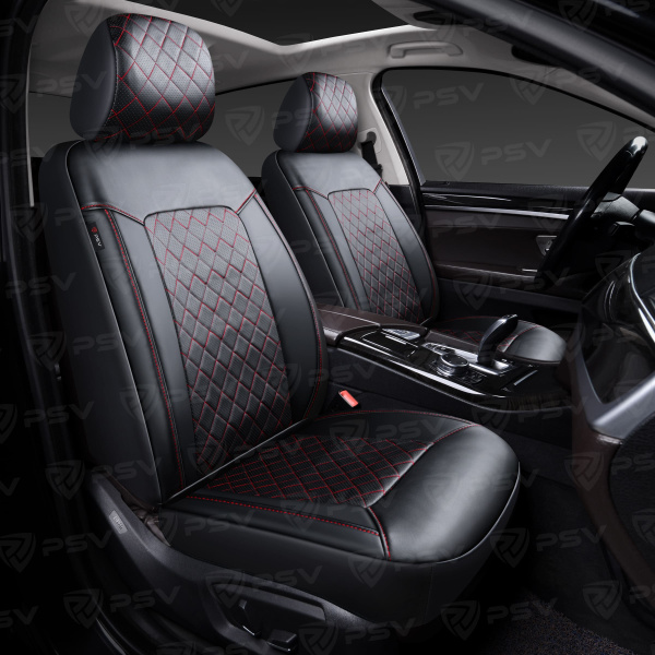 Чехлы PSV Elegant Next 2 FRONT (Черный/Ромб красный/отстрочка красная), ромб + экокожа