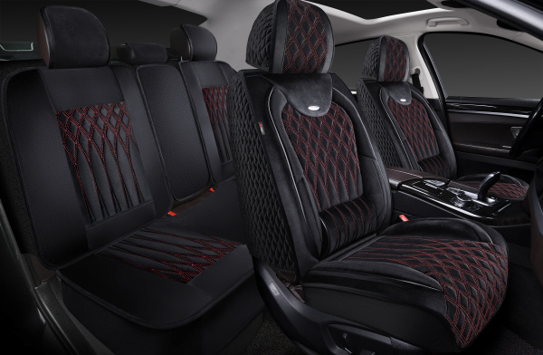 Накидки 5D PSV Galant Velur (Черный/Отстрочка Красная), комплект на весь салон, велюр