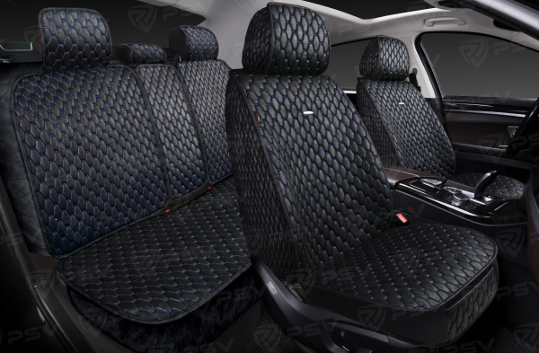 Накидки 5D PSV Skin (Черный/Отстрочка Синяя), комплект на весь салон, мокрая кожа