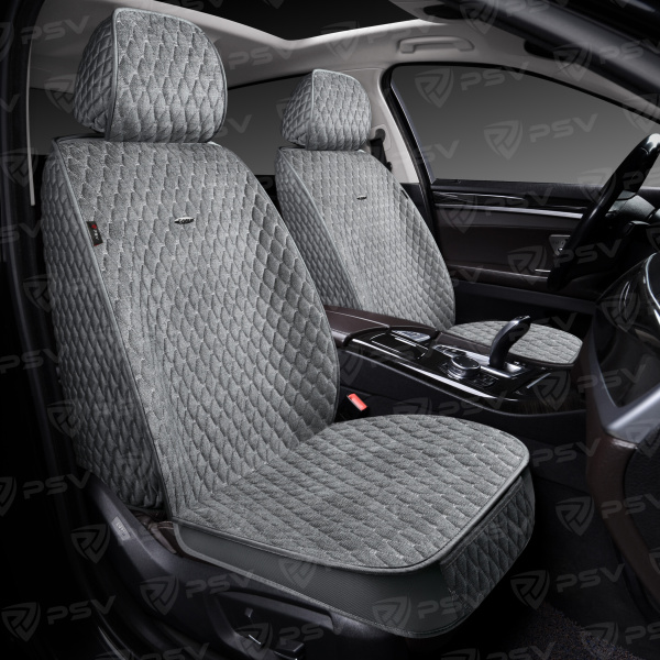 Накидки 5D PSV Velvet 2 FRONT (Серый/Отстрочка Белая), на передние сиденья, вельвет