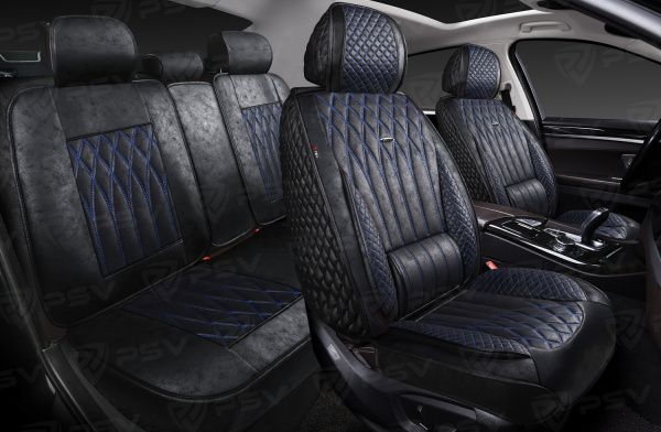 Накидки 5D PSV Titan Skin (Черный/Отстрочка Синяя), комплект на весь салон, мокрая кожа