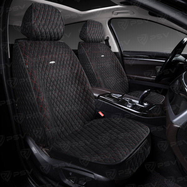 Накидки 5D PSV Velvet 2 FRONT (Черный/Отстрочка красная), на передние сиденья, вельвет