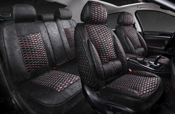 Накидки 5D PSV Armada Skin (Черный/Отстрочка Красная), комплект на весь салон, мокрая кожа