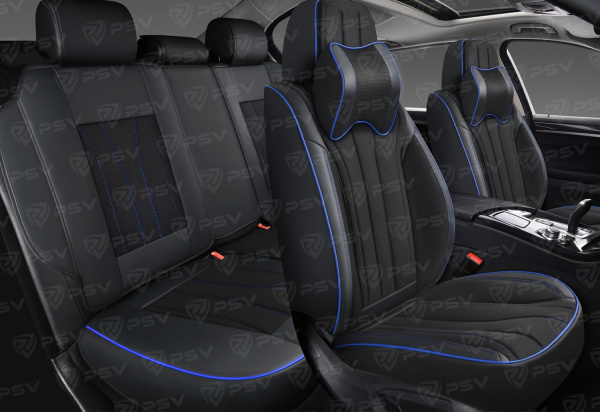 Накидки 5D PSV Wonder (Черный/Отстрочка синяя), комплект на весь салон