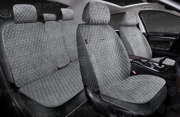 Накидки 5D PSV Velvet (Серый/Отстрочка Белая), комплект на весь салон, вельвет