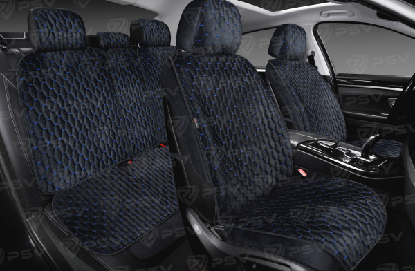 Накидки 3D PSV Loto Next (Черный/Отстрочка синяя), комплект на весь салон, велюр