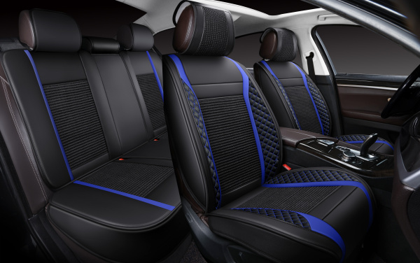 Накидки 3D PSV Expert (Черно-Синий), комплект на весь салон, экокожа + льняное плетение
