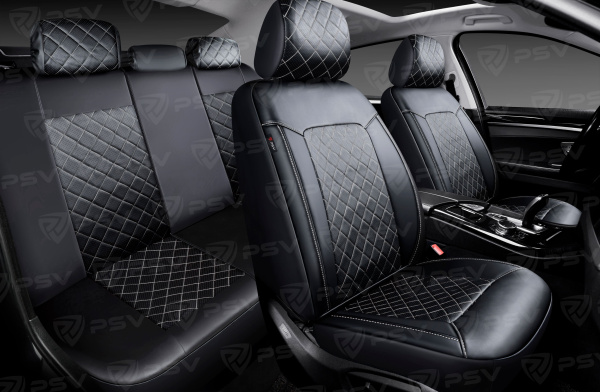 Чехлы PSV Elegant Next (Черный/Ромб белый/отстрочка белая), ромб + экокожа (ХИТ ПРОДАЖ)