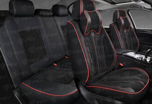 Накидки 5D PSV Grand (Черный/Отстрочка красная), комплект на весь салон